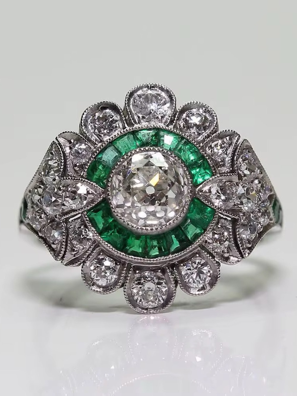 Emerald and Diamond Vintage-Style Cocktail Ring